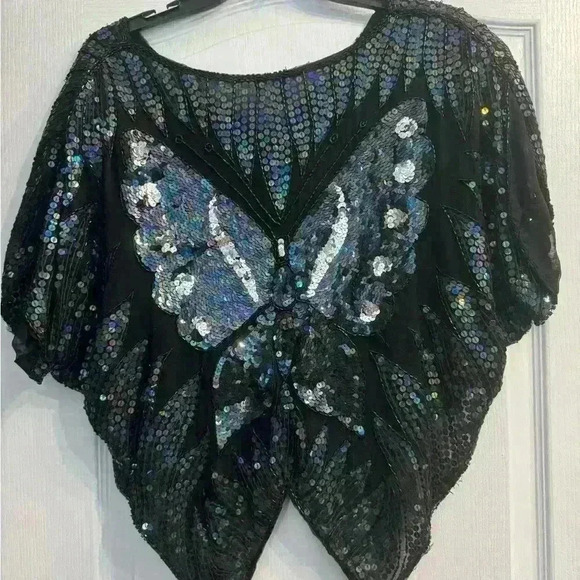 Vintage Butterfly  gorgeous sequin Silk Cape, Top, Blouse - Picture 2 of 9